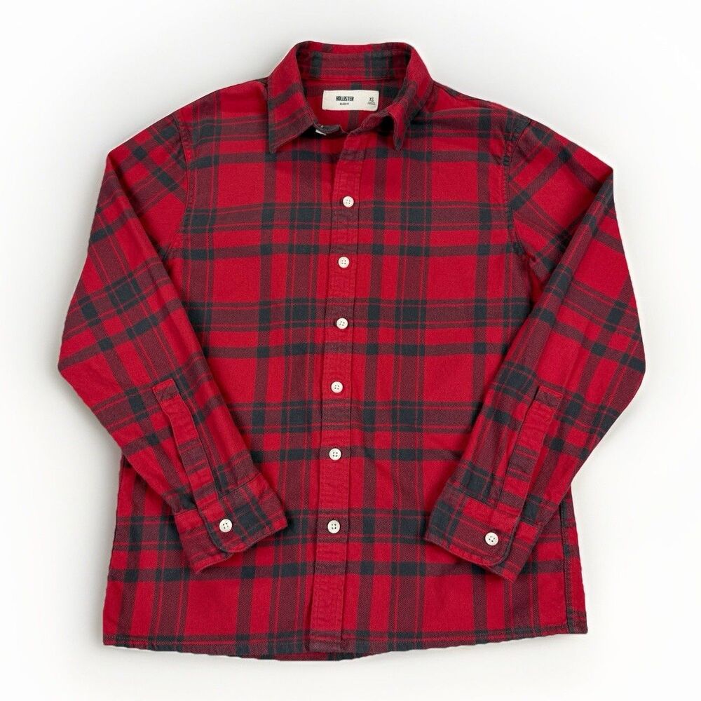 Hollister Christmas Flannel Shirt Mens XS Red Plaid Heavy Button Up Holiday Cozy
